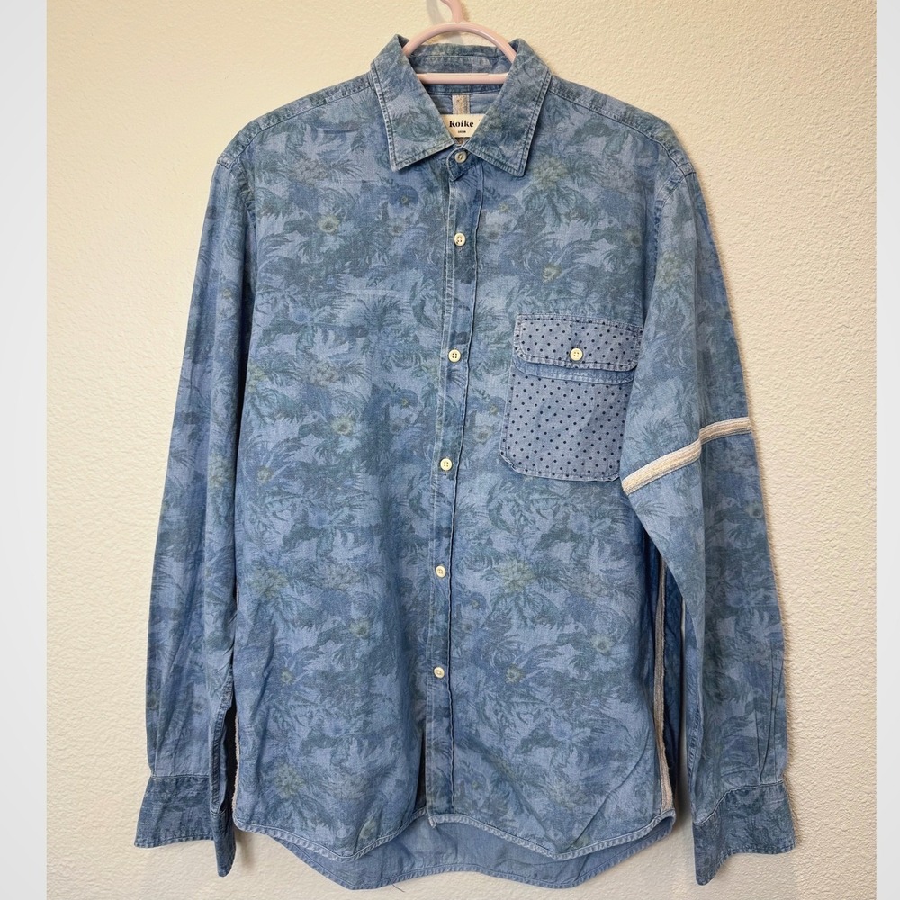 Koike‎ Barcelona Mens Blue Tropical Cotton Button Down Surf shirt L Denim - Picture 4 of 8